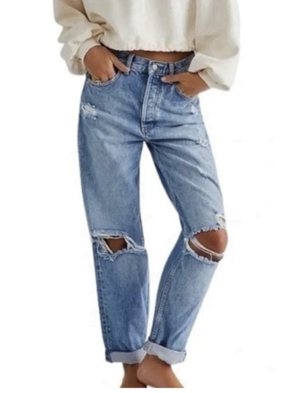 Boyish Womens "Toby" high rise relaxed tapered Rigid jean sz 33 Distressed NWOT
